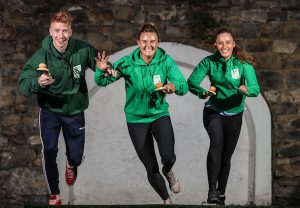 Cian Lynch, Nikki Evans and Roz Purcell running with egg and spoon